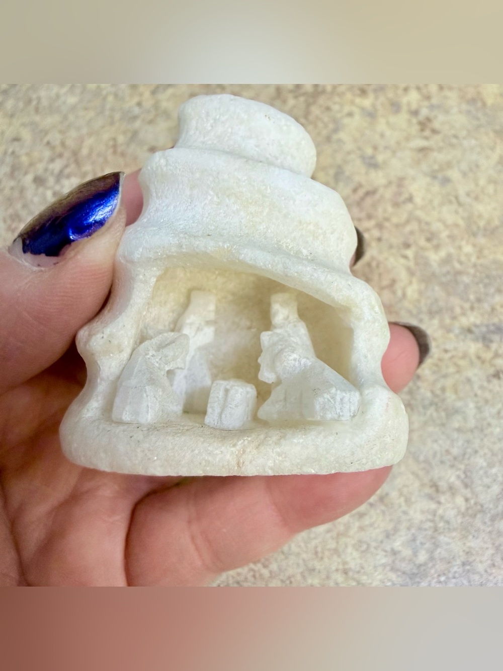 Vintage Hand Carved Alabaster Stone Mini Nativity Scene Grotto Figurine Peru